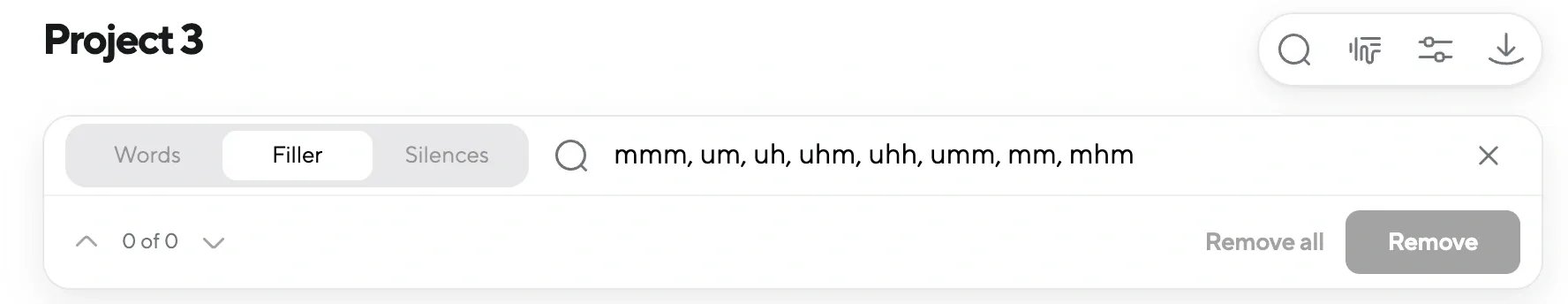 Search bar highlighting filler words like “um” and “uh” in the transcript with a single-click option to remove them.