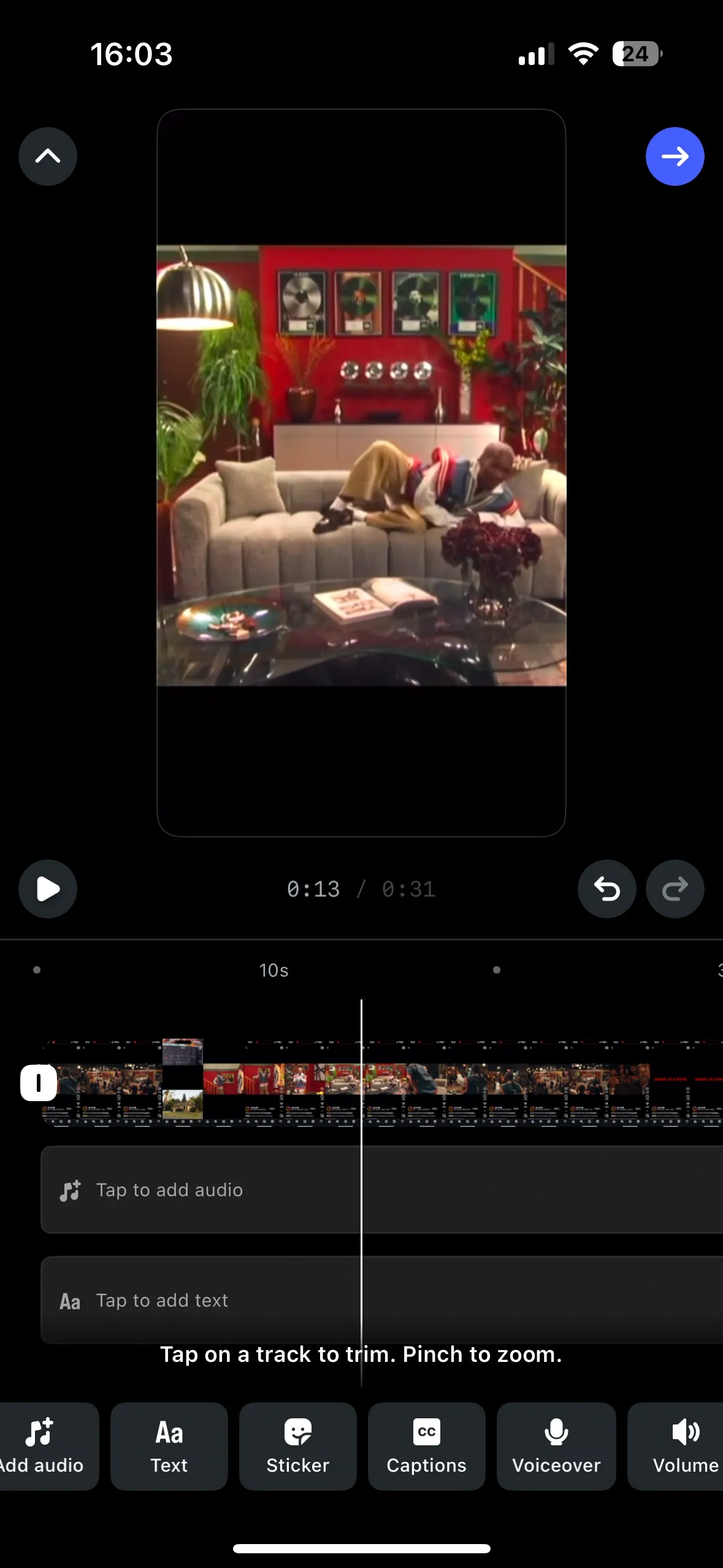 IG captions editor showcasing the option to adjust or trim captions directly on the video timeline.