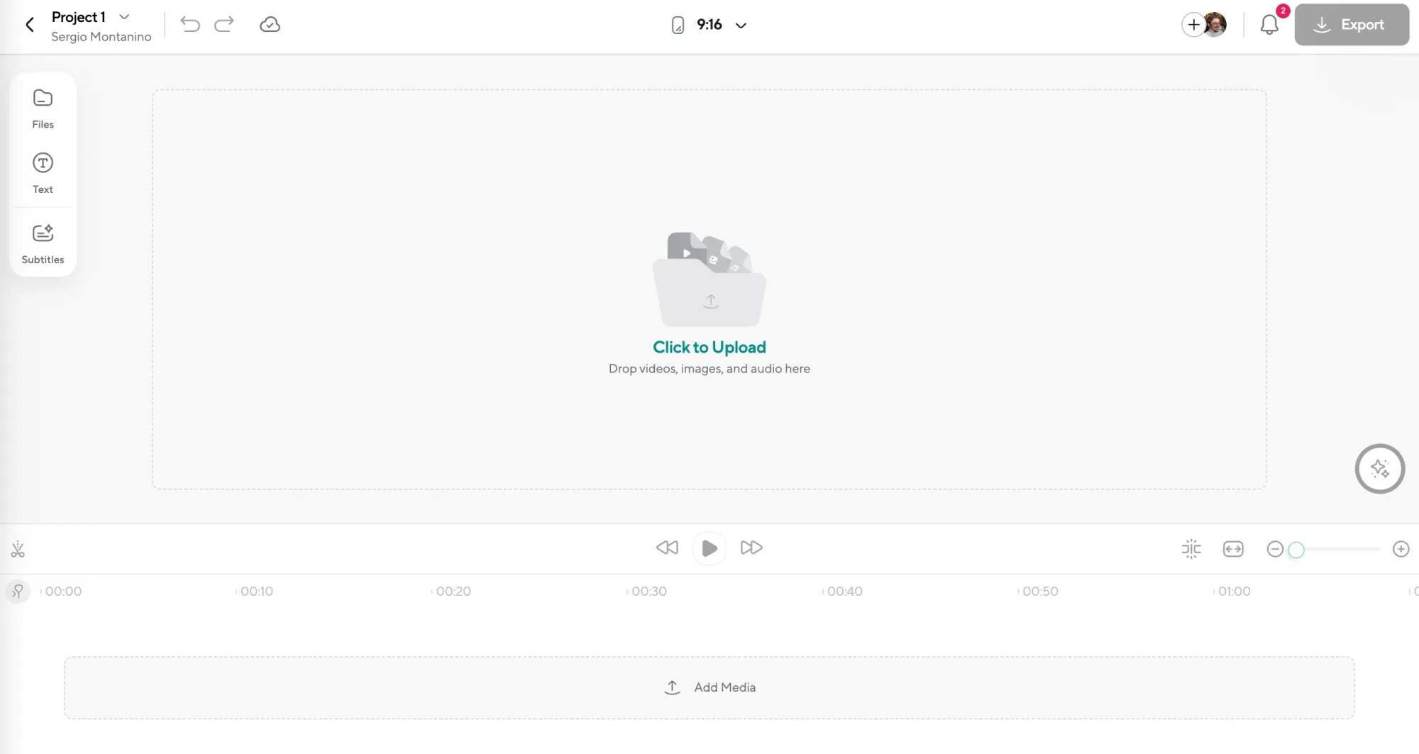 Clean video editor interface showing an upload option, timeline, and editing tools for seamless video editing workflow.